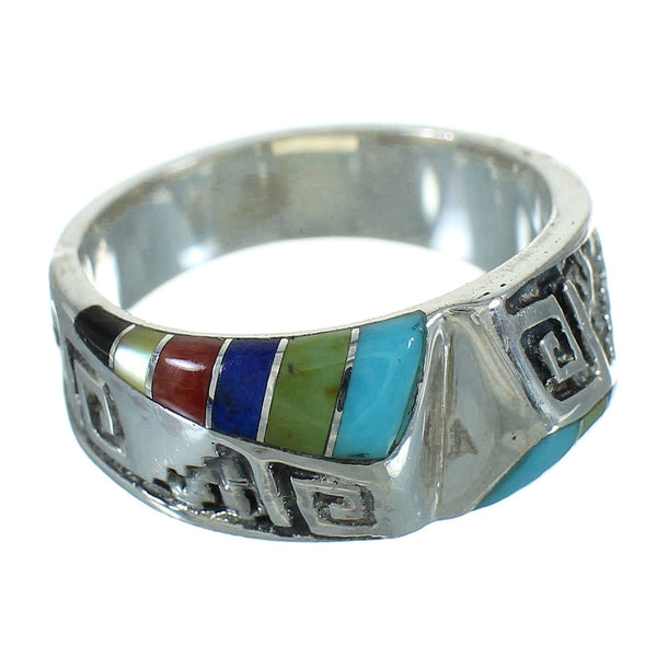 Multicolor Inlay Water Wave Southwest Silver Ring Size 7-1/2 QX74662